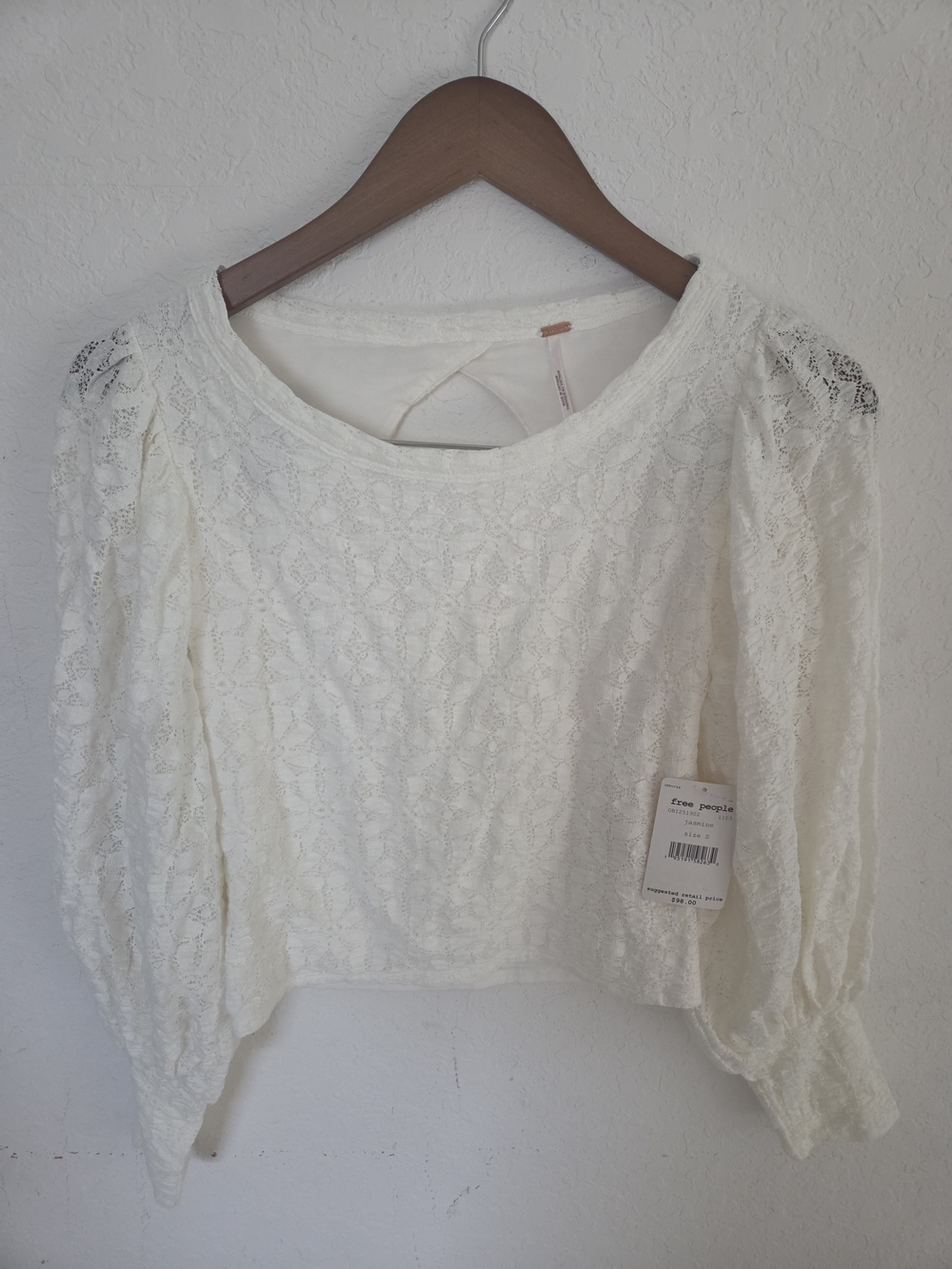 NWT Free People Jasmine Lace Top Small Ivory White Open Cutout Back Puff Sleeve